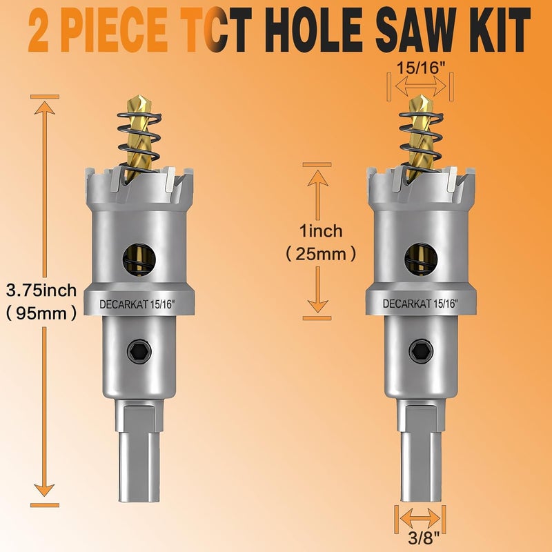 DECKRKAT Store 2-Pack 15/16" TCT Hole Saws for Hard Metal, Heavy Duty 24mm Tungsten Carbide Tipped Hole Cutters Set with Spring-Loaded Pilot Drill Bits for Stainless Steel, Metal, Iron, and Plastic. - Image 2
